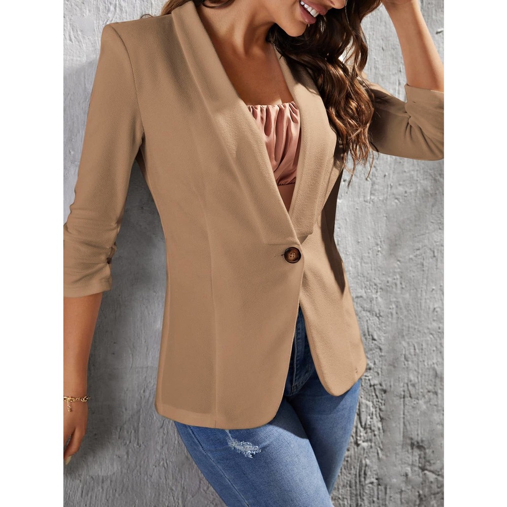 minimalist Shawl Collar Single Button Ruched Cuff Blazer jacket black - Picture 11 of 11